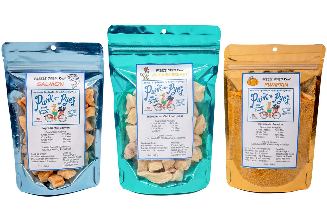 Introducing Punk-n-Pye's Freeze Dried Raw Salmon, Chicken, and Pumpkin Treats!